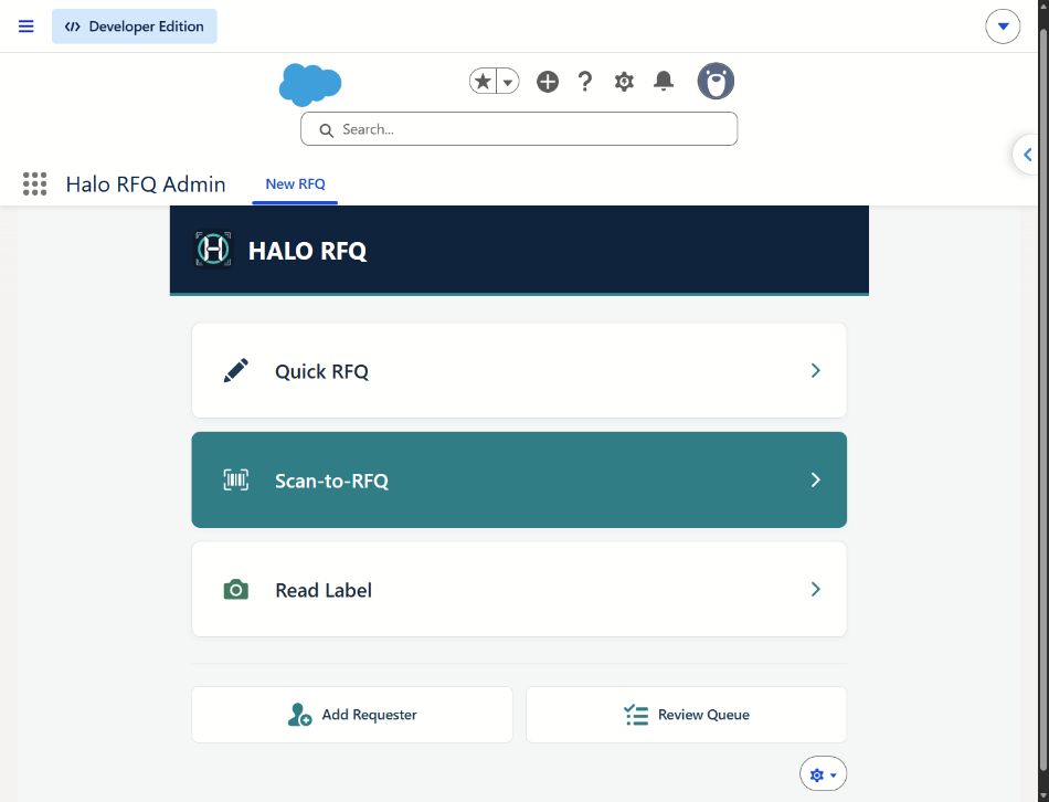 Halo RFQ Admin home — app-focused crop of the actual deployed Salesforce-native interface